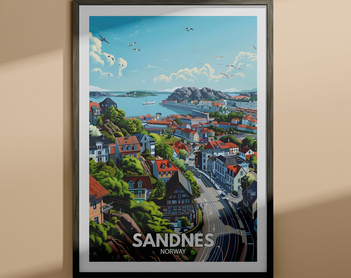 Sandnes Norway Travel Poster Coastal Town Harbor Seagulls Blue Sky Art