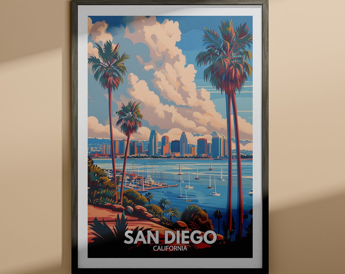 San Diego California Palm Tree Bay Skyline Vintage Travel Poster