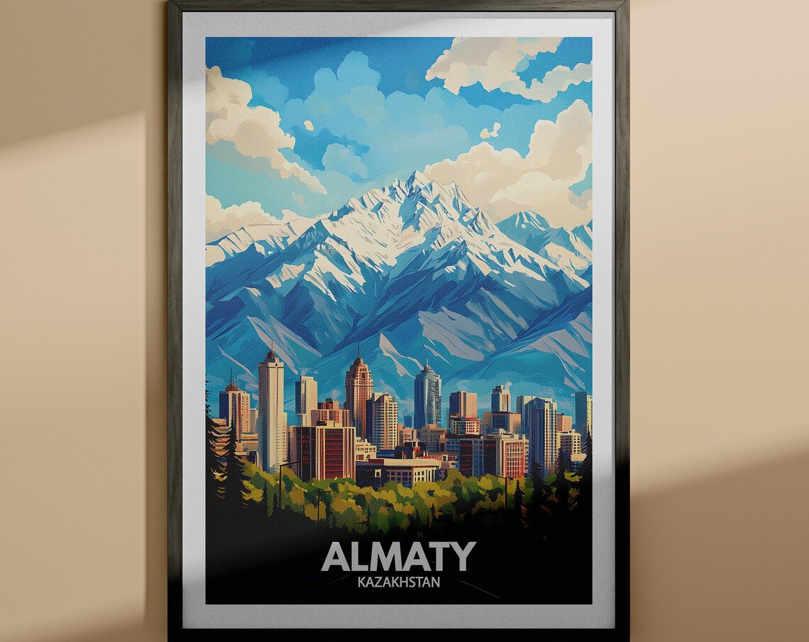 Almaty Kazakhstan Snowy Mountain Skyline City Vintage Travel Poster