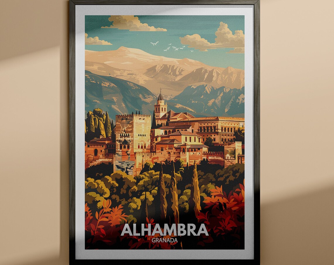 Alhambra Granada Travel Poster Spanish Palace Mountains Autumn Colors