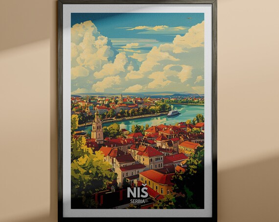 Nis Serbia Old Town Riverside Red Roofs Vintage Travel Poster