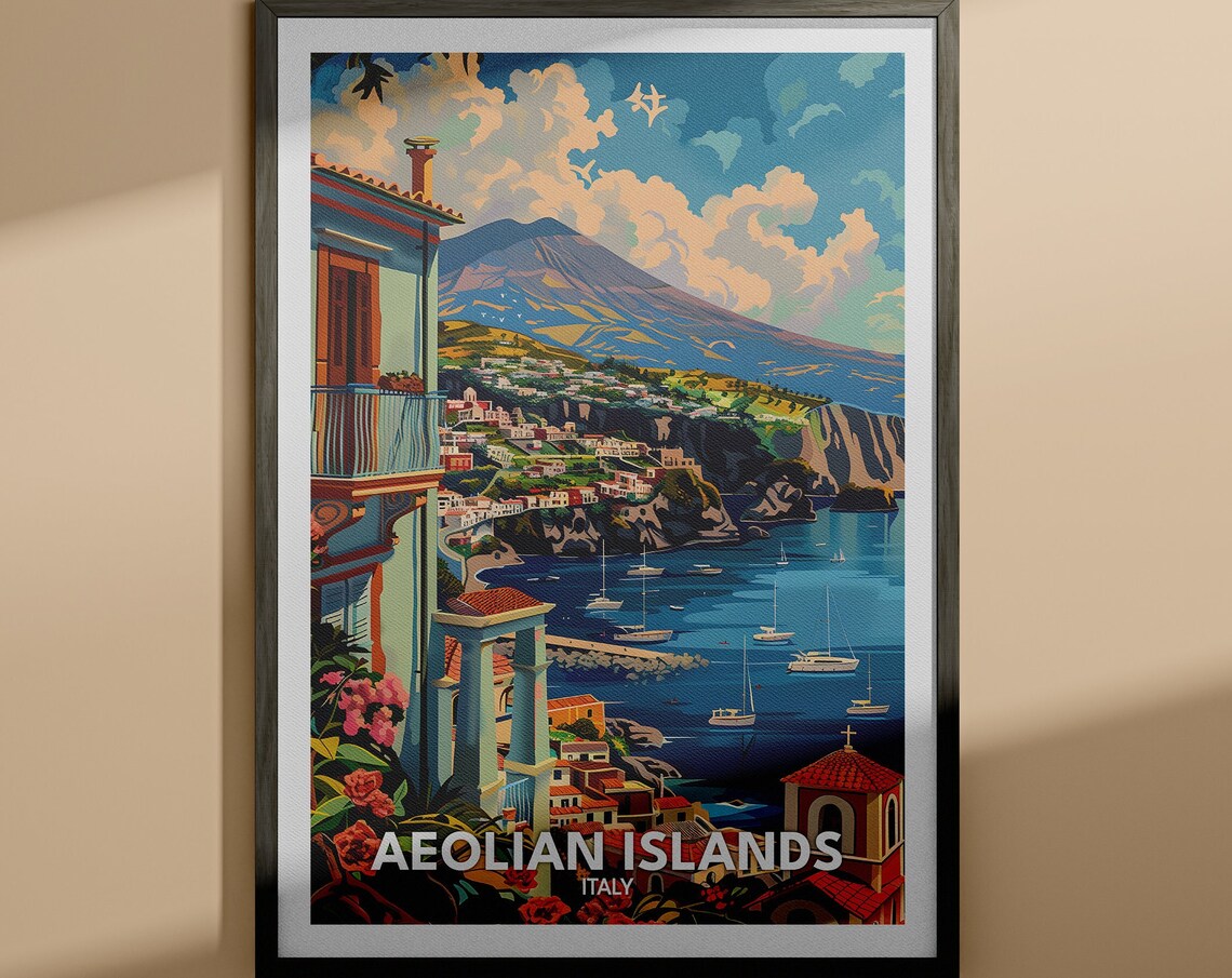 Aeolian Islands Italy Volcano Harbor Coastal Village Island Poster