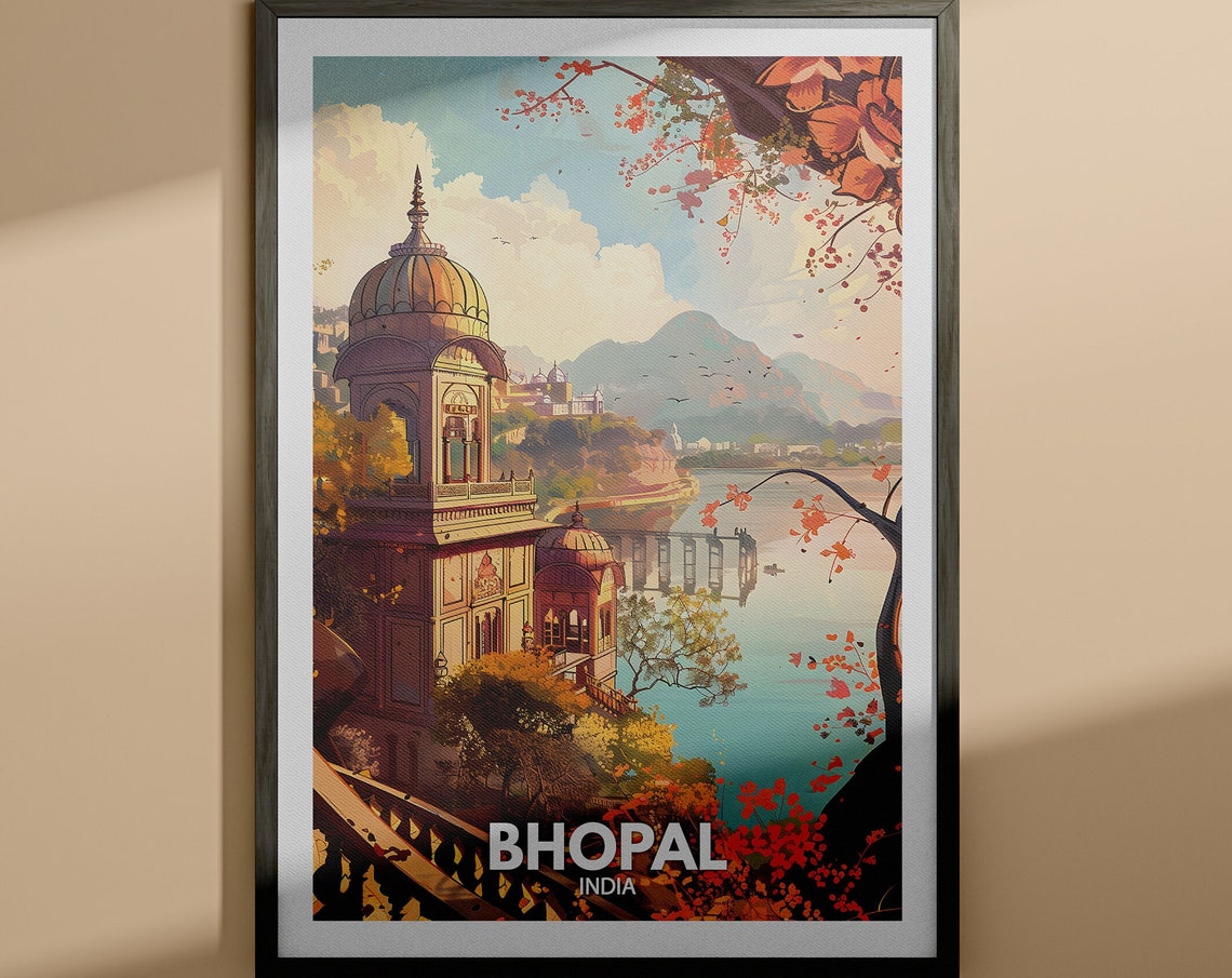 Bhopal India Lakeside Palace Autumn Sunset Vintage Travel Poster