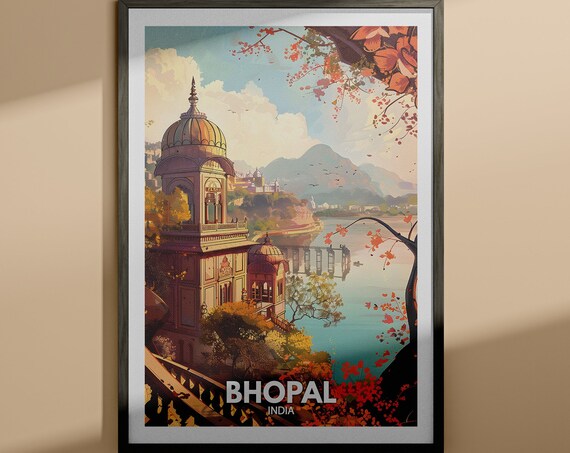 Bhopal India Lakeside Palace Autumn Sunset Vintage Travel Poster