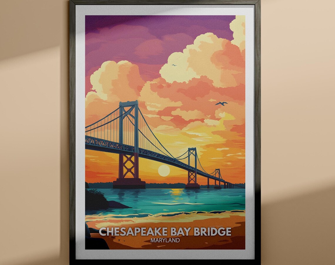 Chesapeake Bay Bridge Maryland Golden Sunset Travel Art Poster