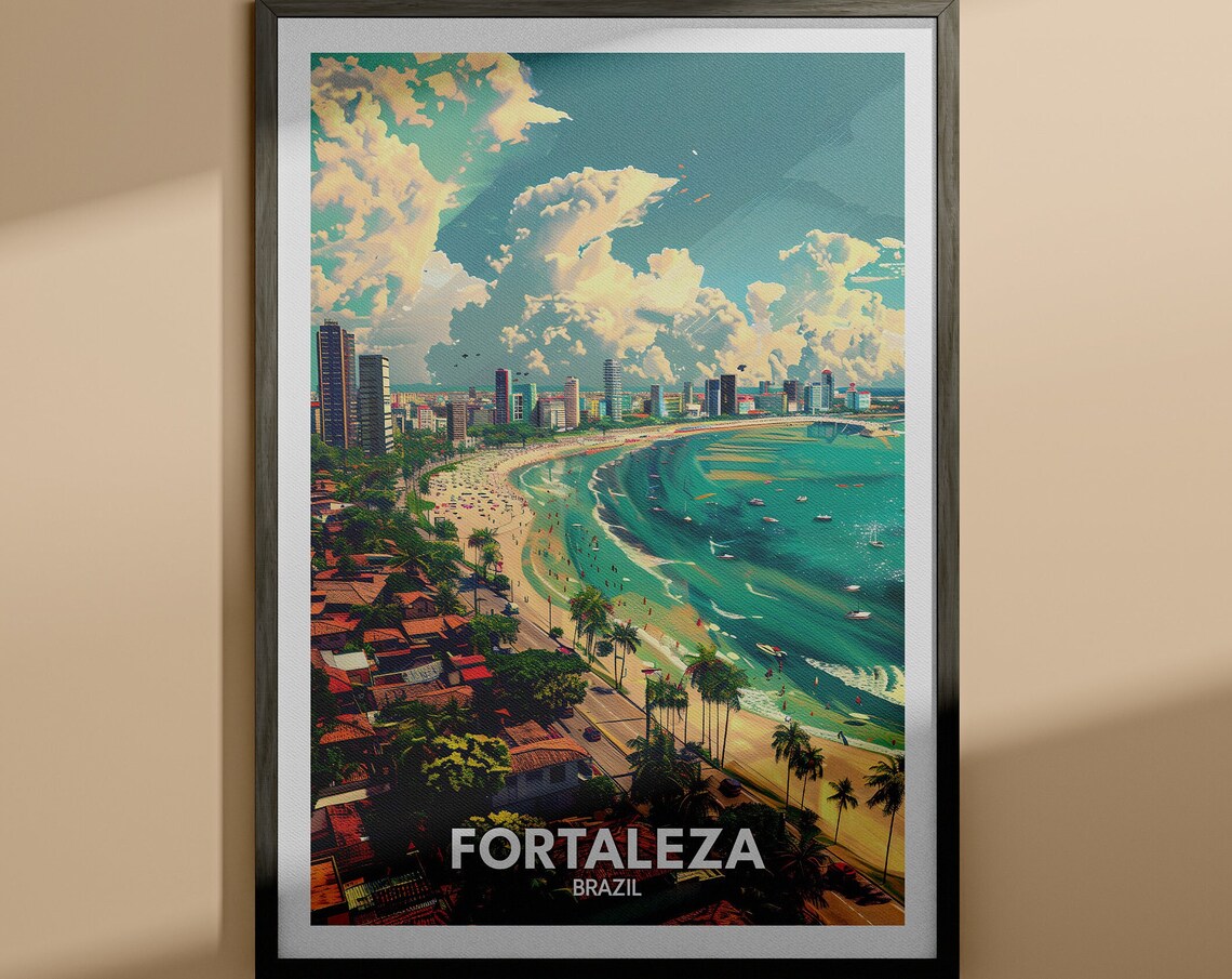 Fortaleza Brazil Curved Beach Bay City High Rises Aerial Travel Poster
