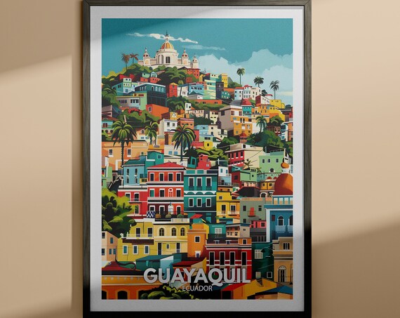 Guayaquil Ecuador Travel Poster Colorful Hillside Old Town Cityscape