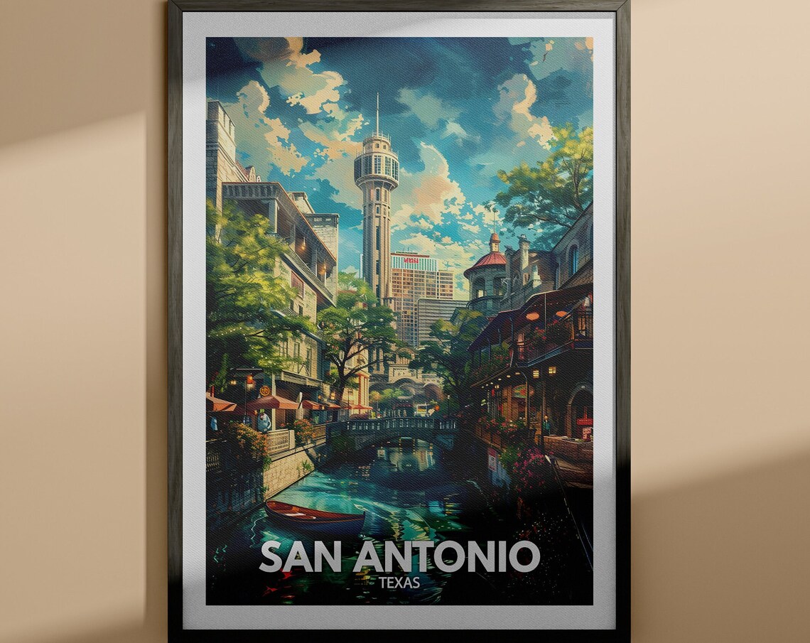 San Antonio Texas Riverwalk Evening Cityscape Travel Art Poster