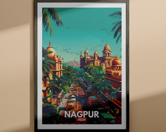 Nagpur India Palace Street Palm Trees Cityscape Vintage Travel Poster