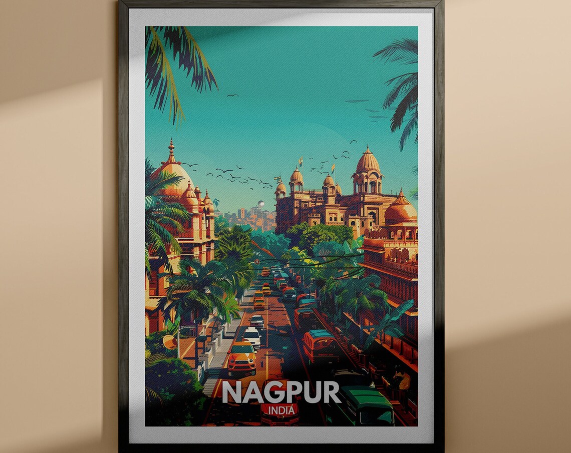 Nagpur India Palace Street Palm Trees Cityscape Vintage Travel Poster