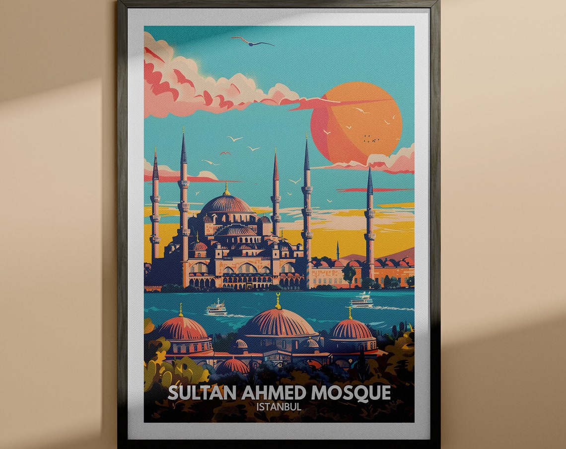 Sultan Ahmed Mosque Istanbul Sunset Skyline Vintage Art Poster