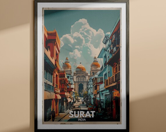 Surat India Colorful Old Town Street Landmark Vintage Travel Poster
