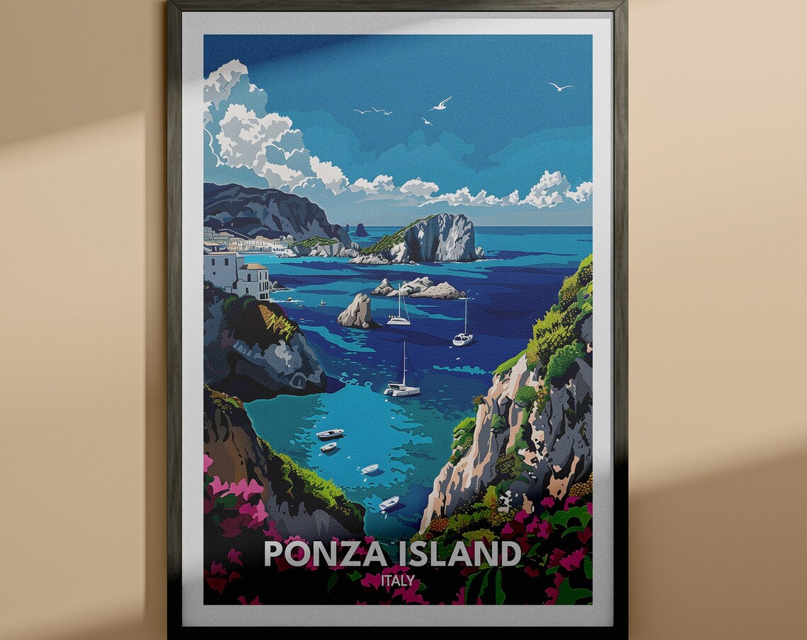 Ponza Island Italy Cliffs Sailboats Mediterranean Travel Poster