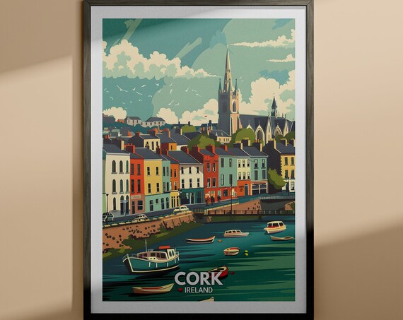 Cork Ireland Harbor Colorful Houses Church Spire Vintage Travel Poster
