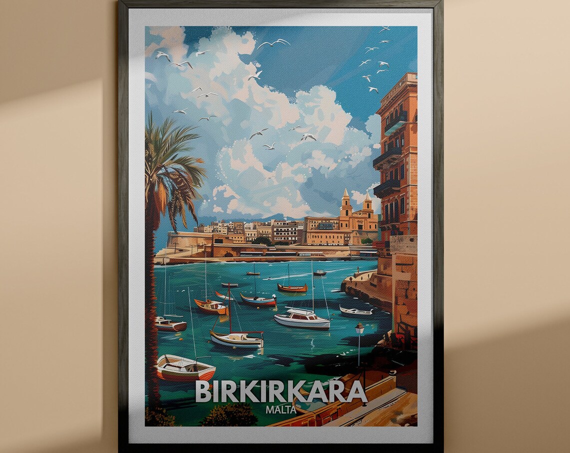 Birkirkara Malta Harbor Boats Seagulls Coast Vintage Travel Poster