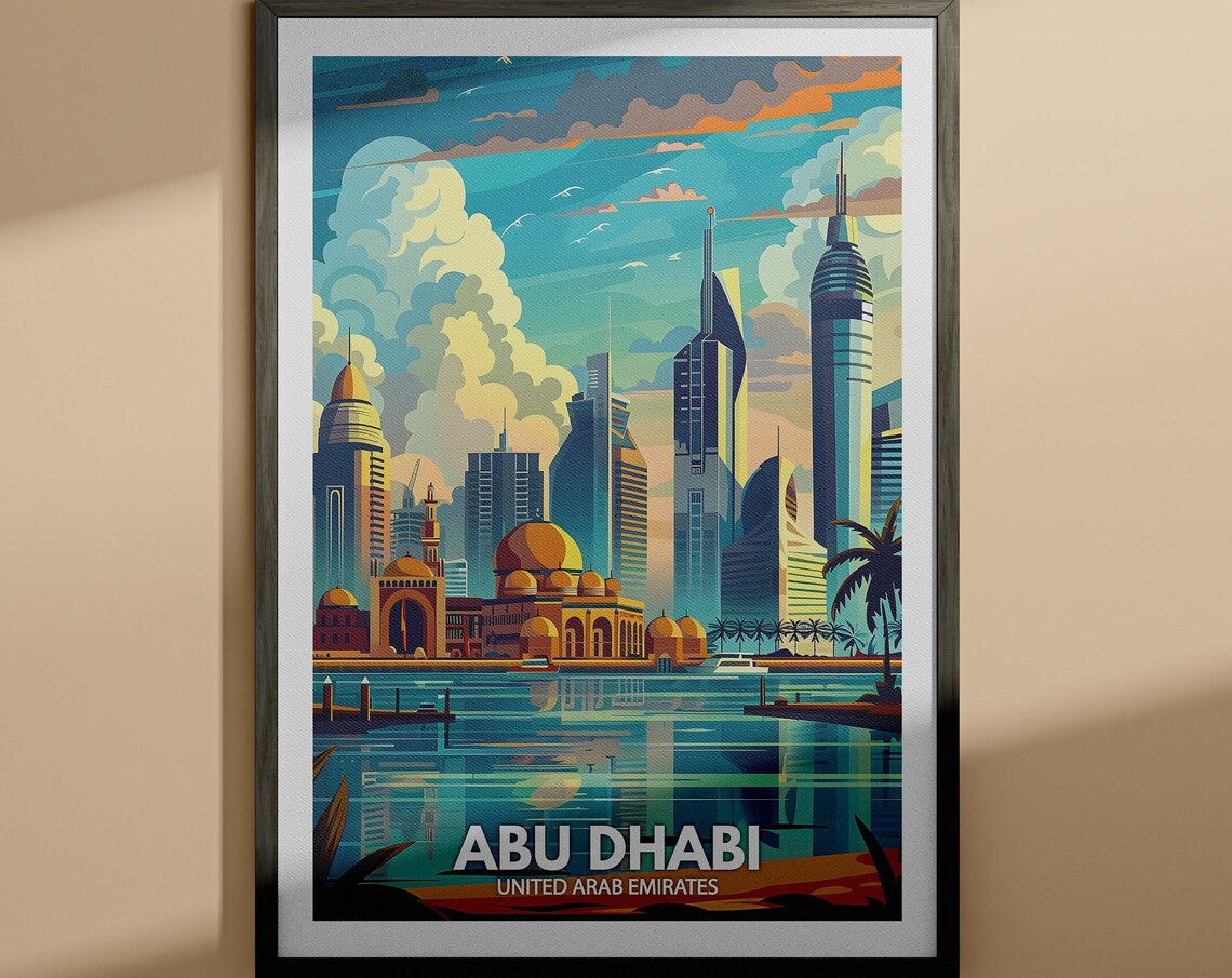 Abu Dhabi UAE Modern Skyline Golden Dome Waterfront Travel Poster