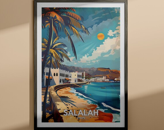 Salalah Oman Vintage Beach Travel Poster With Palm Trees Ocean View