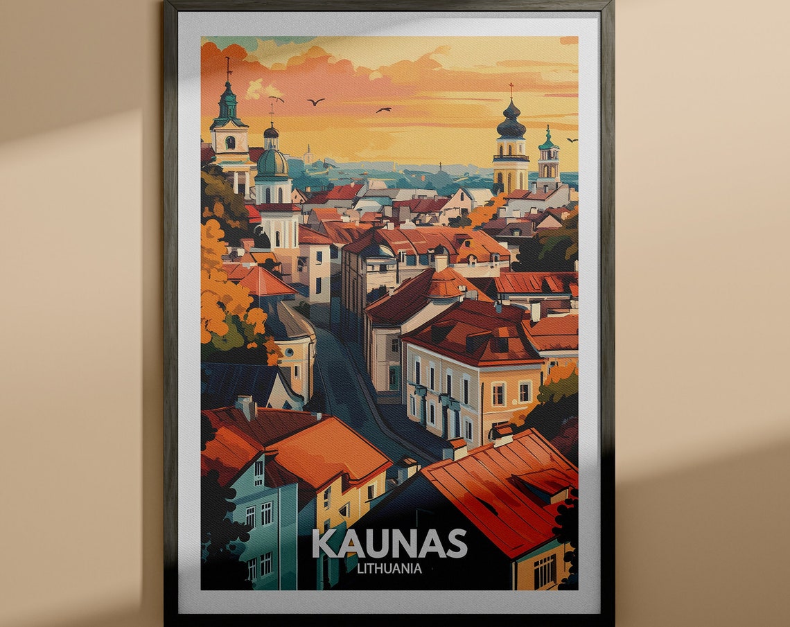 Kaunas Lithuania Old Town Rooftops Golden Sunset Travel Poster