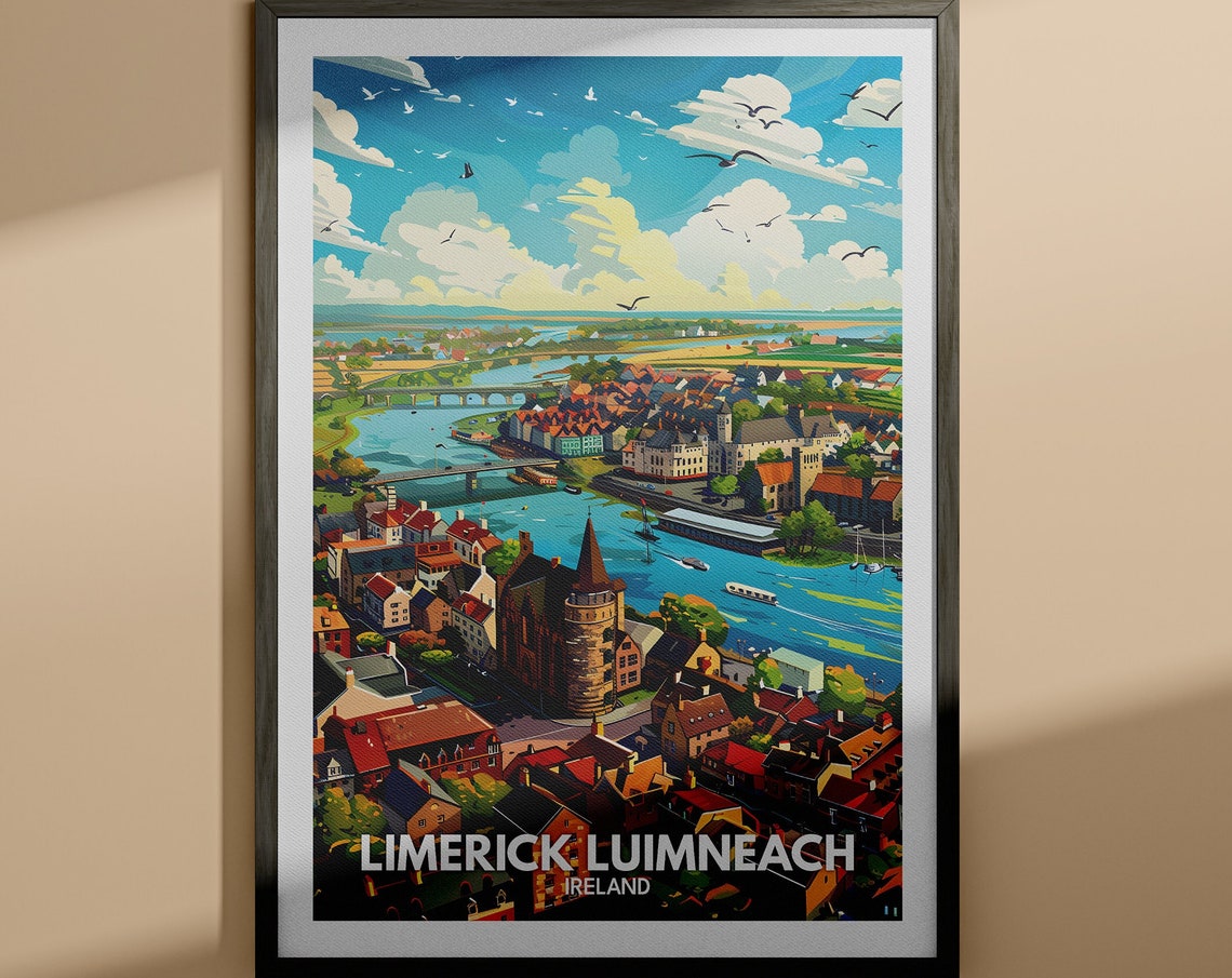 Limerick Luimneach Ireland River Shannon Vintage Travel Poster