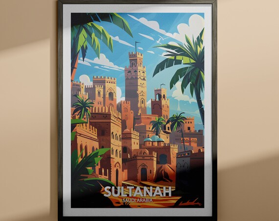 Sultanah Saudi Arabia Sandstone Towers Palm Oasis Vintage Travel Poster