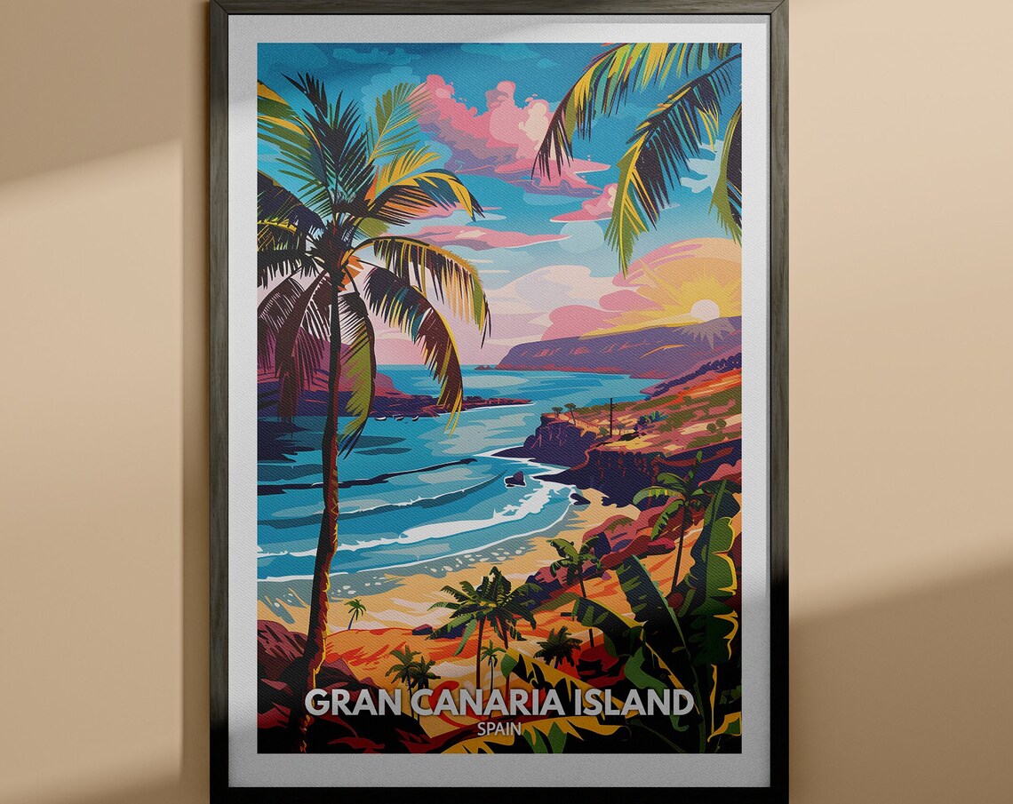 Gran Canaria Island Spain Sunset Beach Palms Surf Coast Travel Poster