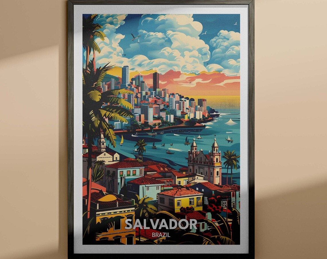 Salvador Brazil Colorful Colonial Coastal City Beach Sunset Poster