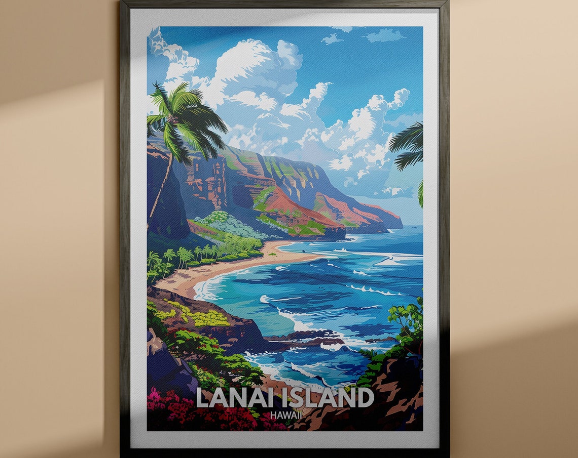 Lanai Island Hawaii Tropical Beach Palm Trees Scene Travel Poster