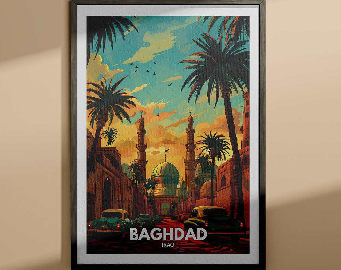 Baghdad Iraq Golden Mosque Domes Sunset Vintage Travel Poster