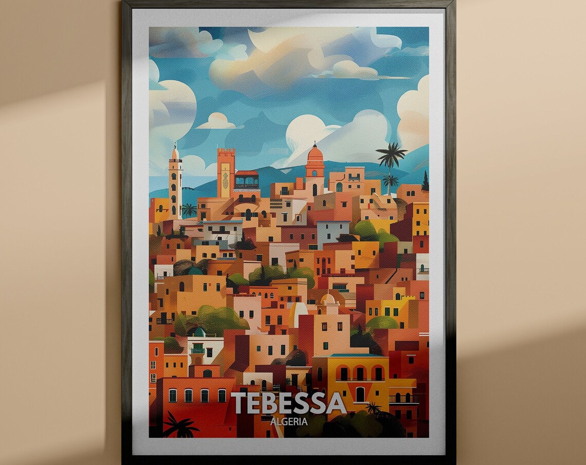 Tebessa Algeria Hillside Old Town Golden Buildings Vintage Travel Poster