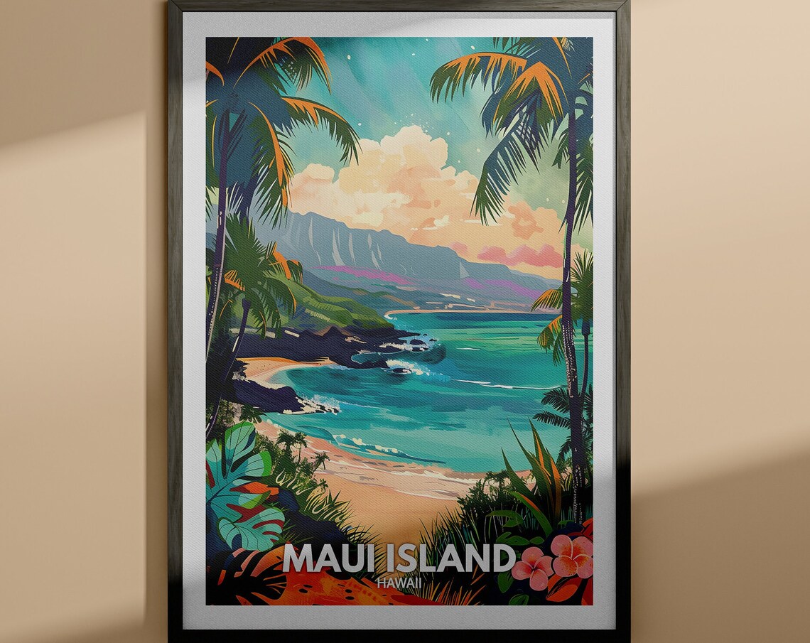 Maui Island Hawaii Beach Palm Tropical Ocean Sunset Travel Poster