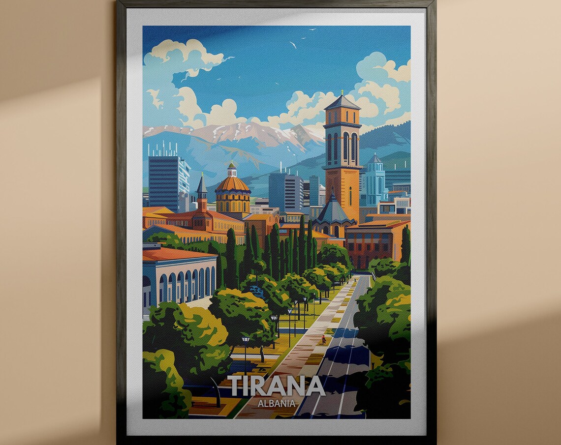 Tirana Albania Tree Lined Boulevard Mountains City Travel Poster