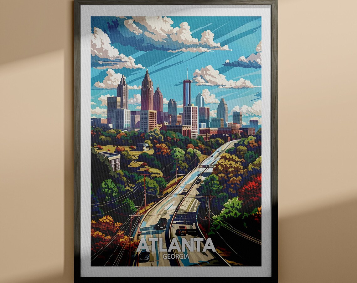 Atlanta Georgia Skyline Travel Poster with Autumn Highway View