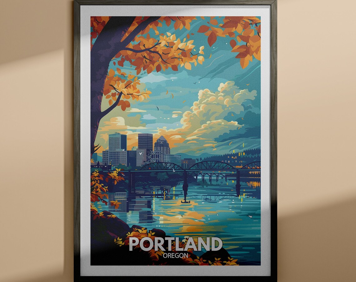 Portland Oregon River Skyline Fall Leaves Travel Poster Bridge View