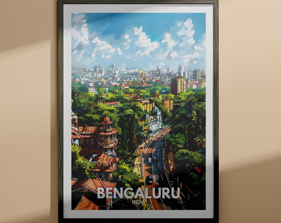 Bengaluru India City Skyline with Tree Lined Avenue Travel Poster