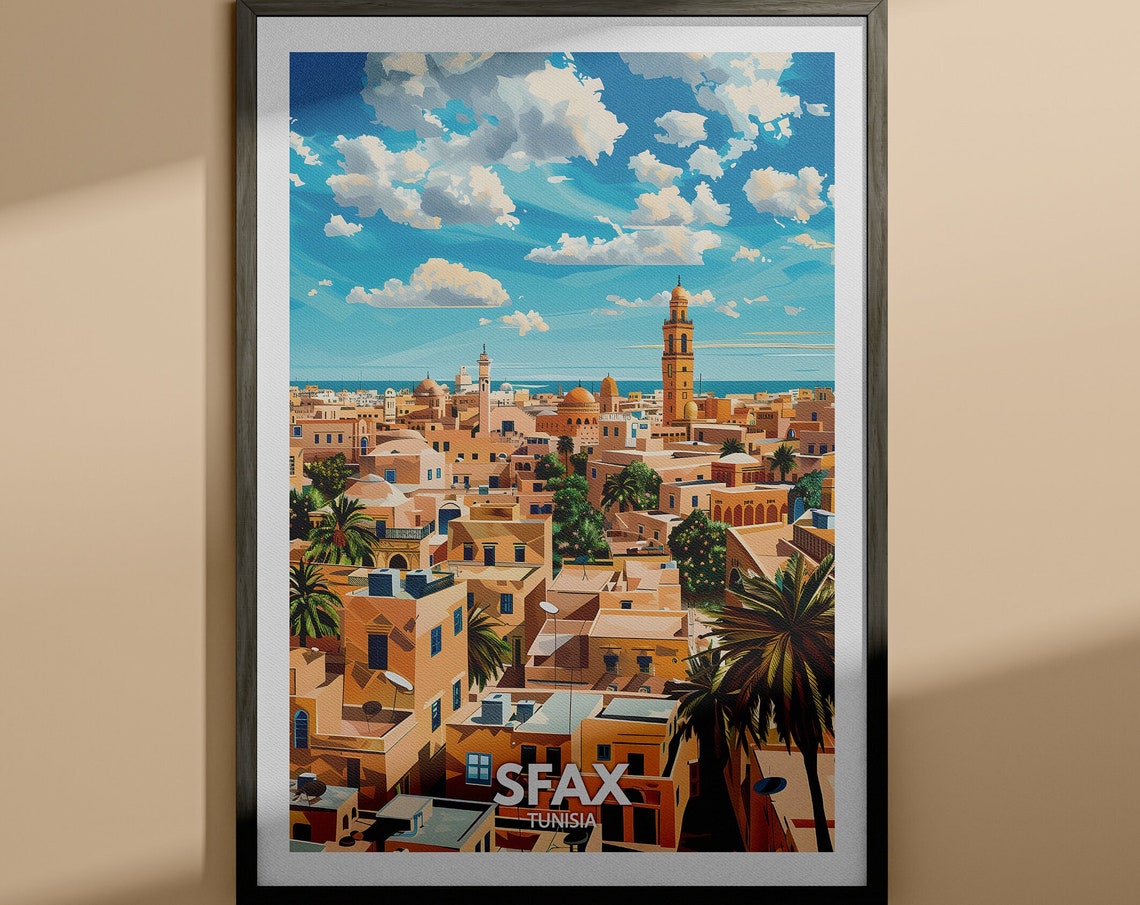 Sfax Tunisia Old Town Rooftops Minaret Retro Vintage Travel Poster