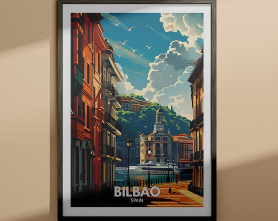 Bilbao Spain Waterfront Old Town Street Vintage Travel Poster