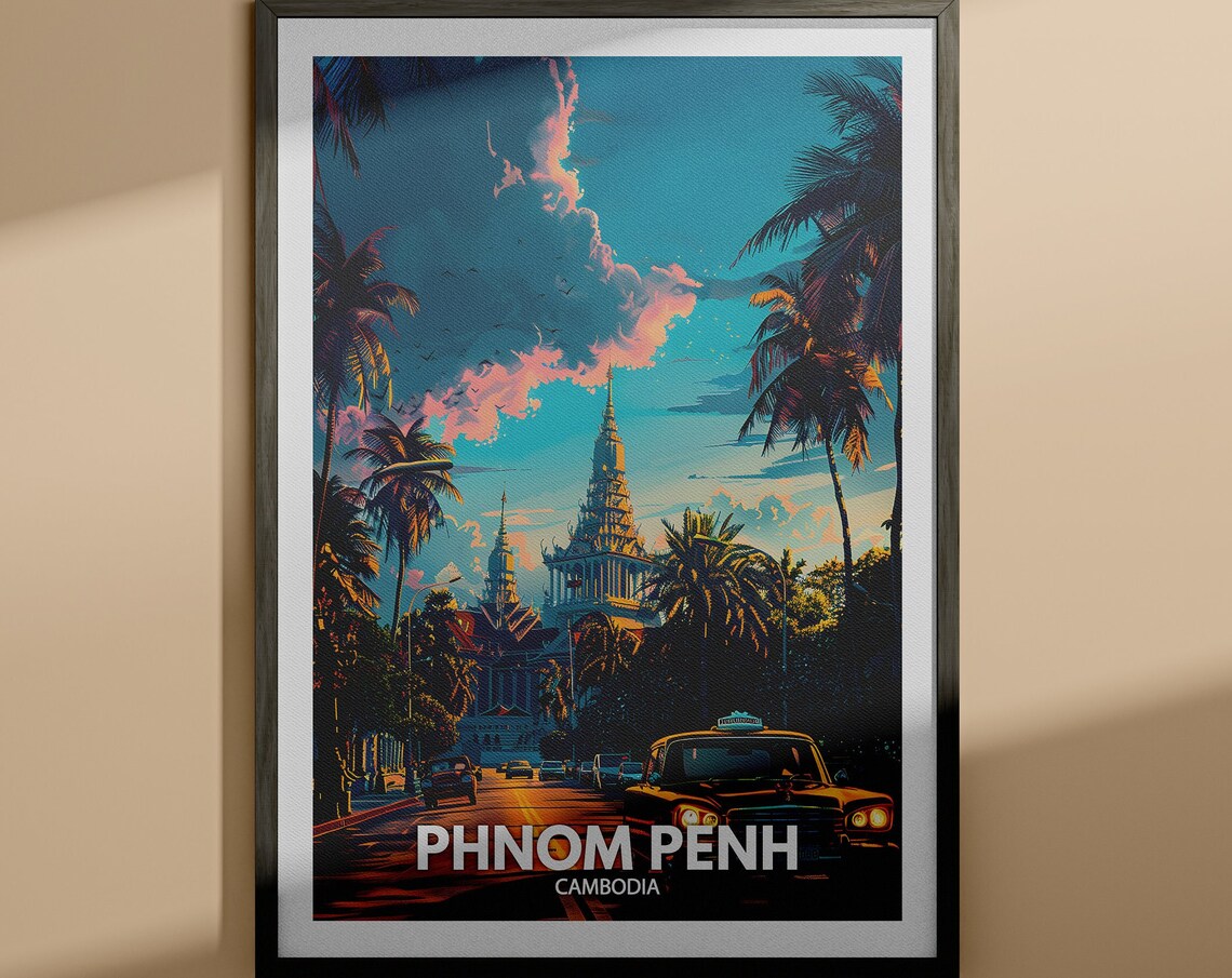 Phnom Penh Cambodia Temple Tower Palm Lined Street Night Travel Poster