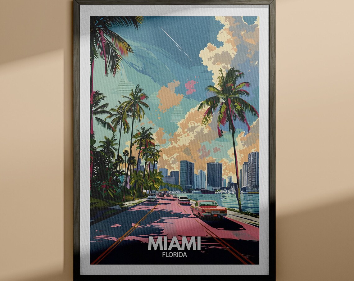 Miami Florida Palm Trees Skyline Classic Car Vintage Travel Poster