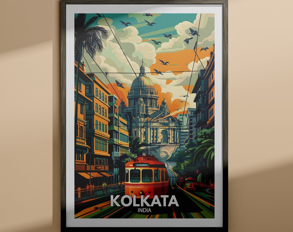 Kolkata India Red Tram Victoria Memorial Vintage Travel Poster
