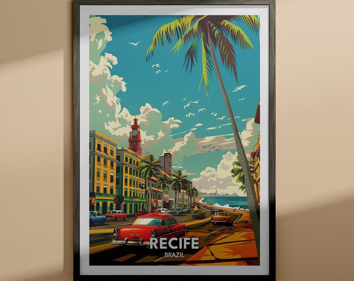 Recife Brazil Vintage Cars Colonial Street Beach View Poster