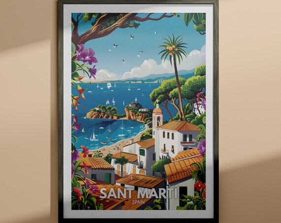 Sant Marti Spain Coastal Town Beach Sailboats Vintage Travel Poster