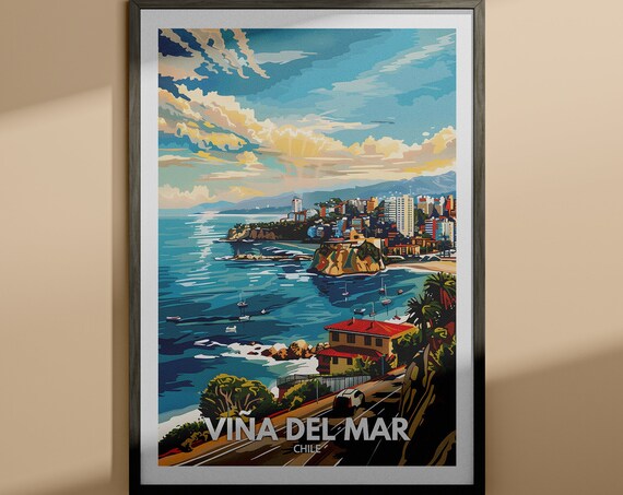 Viña del Mar Chile Coastal City Beach Bay Vintage Travel Poster