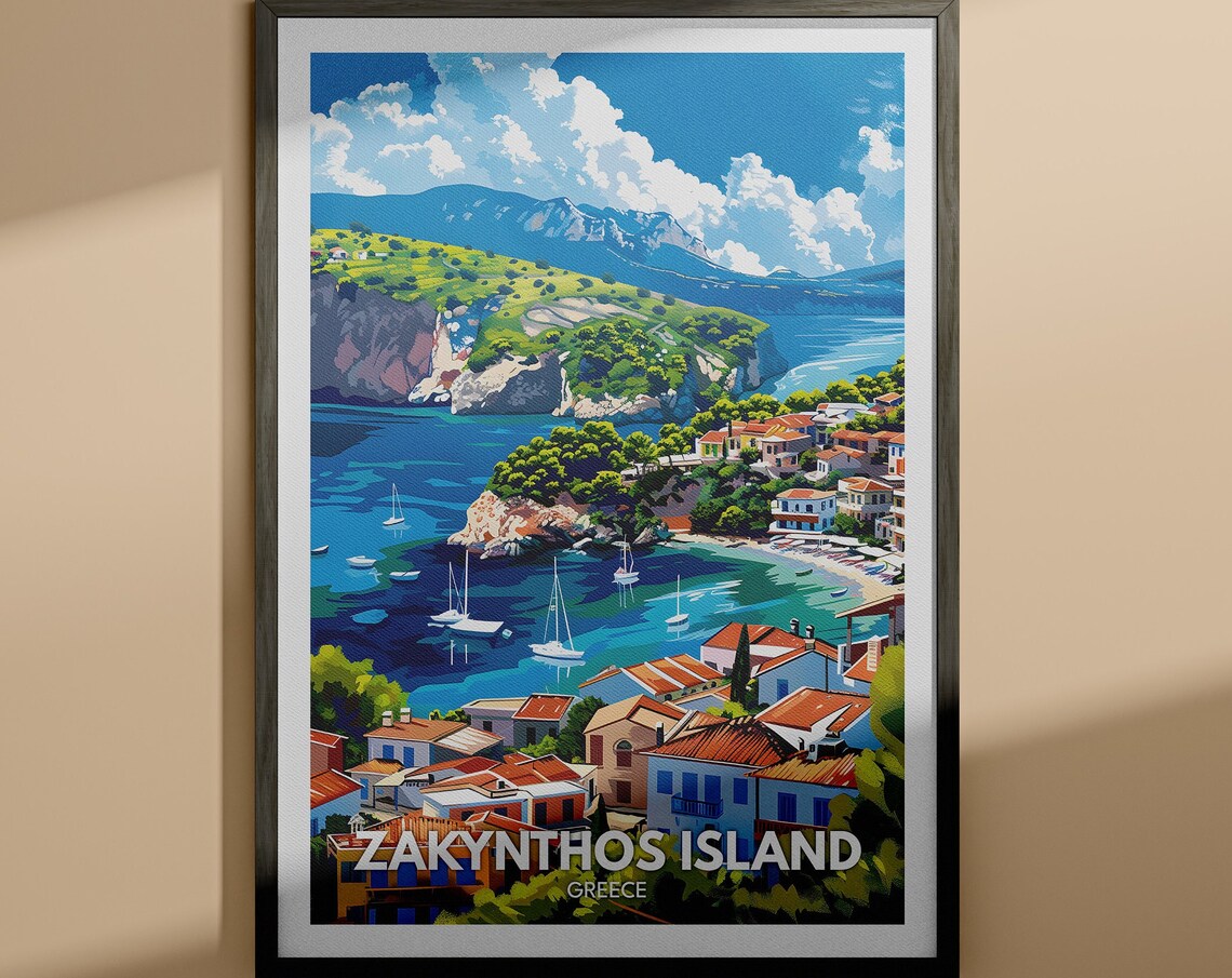 Zakynthos Island Greece Harbor Sailboats Vintage Travel Poster
