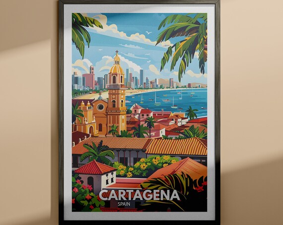 Cartagena Spain Colonial Church Bay Palm Trees Retro Travel Poster