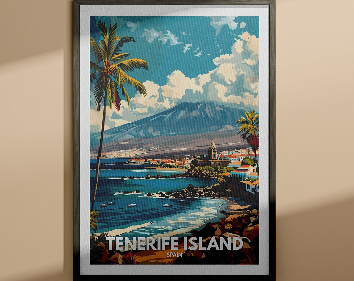 Tenerife Island Spain Palm Beach Mountain Coastal Town Poster