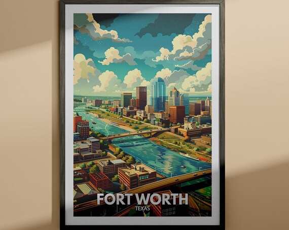Fort Worth Texas Aerial Skyline River Bridges Vintage Travel Poster