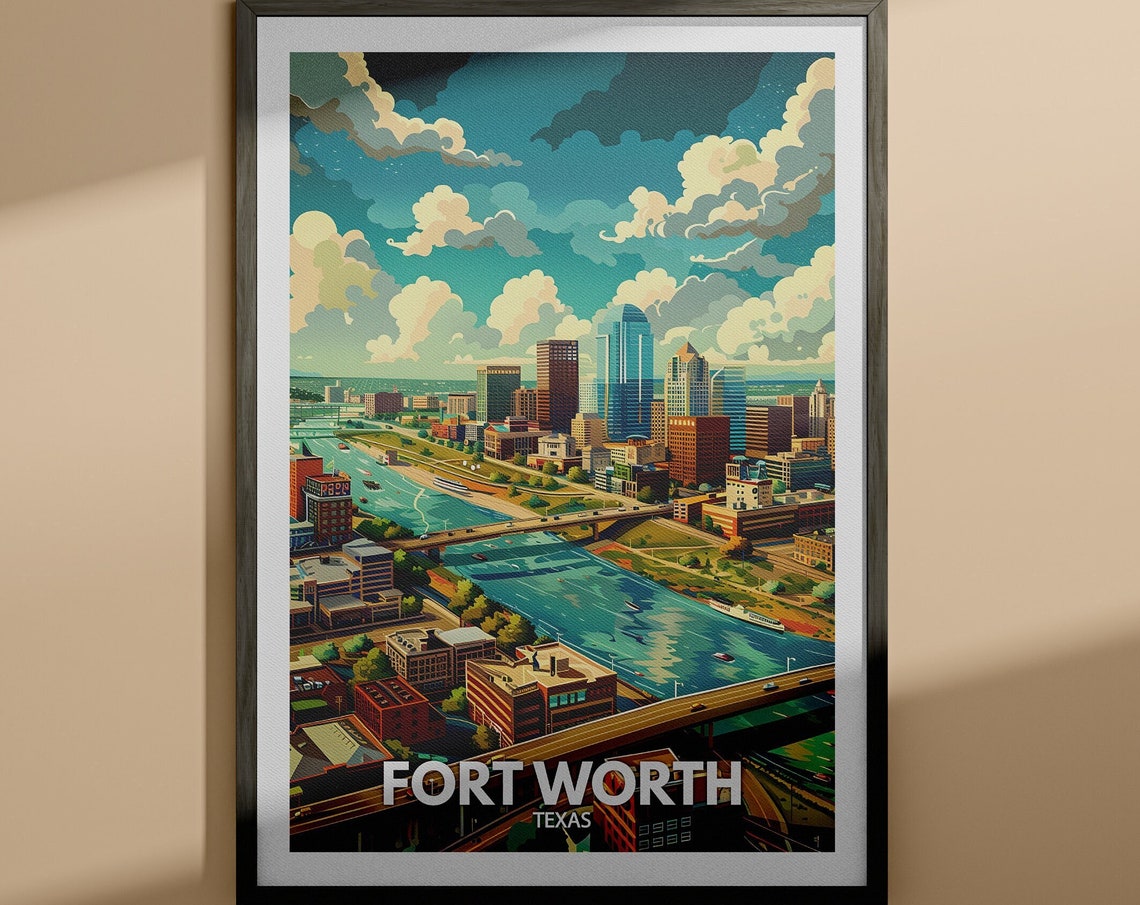 Fort Worth Texas Aerial Skyline River Bridges Vintage Travel Poster