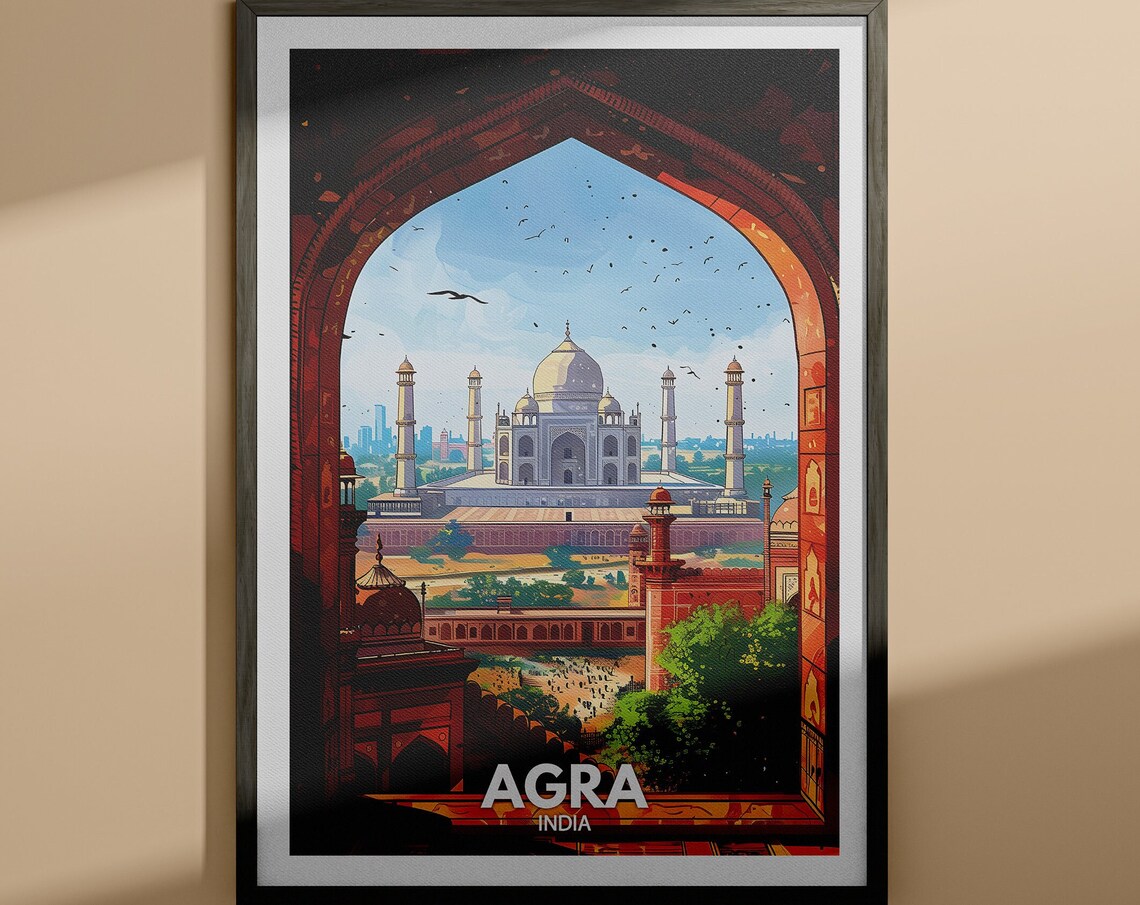 Agra India Taj Mahal Through Red Sandstone Arch Vintage Travel Poster
