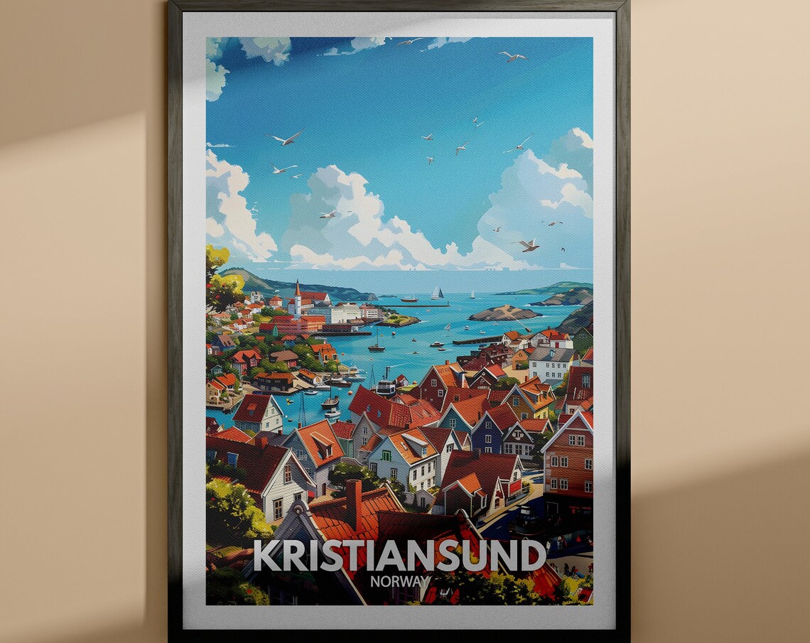 Kristiansund Norway Travel Poster Harbor Town Red Roof Houses Fjord Boats