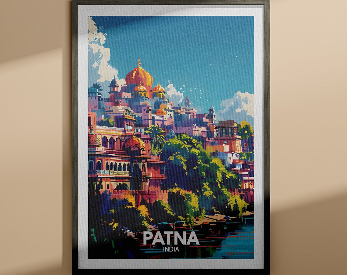 Patna India Hilltop Palace Riverside Scene Vintage Travel Poster